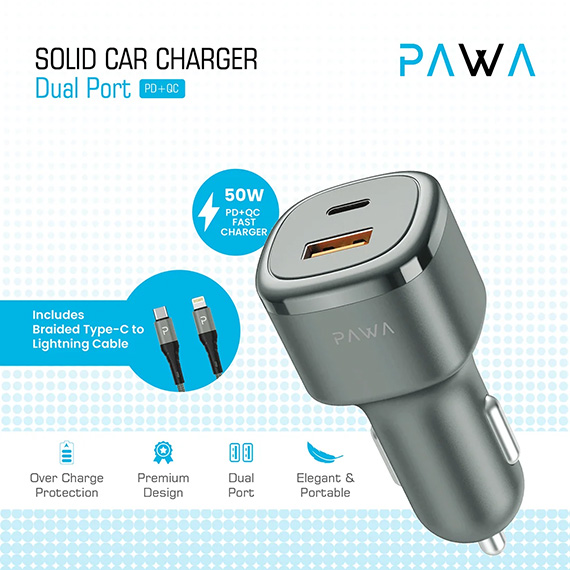 شارژر فندکی پاوا مدل PW-CC50QCl همراه کابل Type-C به Lightning