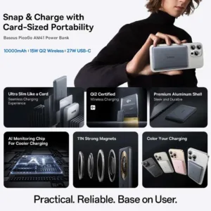 پاوربانک 27 وات بیسوس مدل PicoGo Ultra-Slim Qi2 ظرفیت 10000 میلی‌آمپرساعت