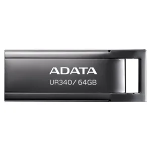 فلش مموری ای دیتا مدل UR340 ظرفیت 64 گیگابایت با بدنه فلزی، رابط USB 3.2 Gen1 Type-A، سرعت انتقال 100 مگابایت بر ثانیه و پشتیبانی از سیستمعاملهای ویندوز، مک و لینوکس