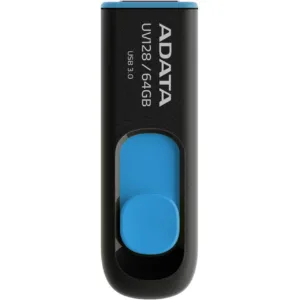 فلش مموری کشویی ای‌دیتا مدل DashDrive UV128 ظرفیت 64GB، رابط USB 3.0 با سرعت خواندن 90 و نوشتن 40MB/s، طراحی ضد خش و ضد گرد و خاک، قابلیت اتصال بند حمل