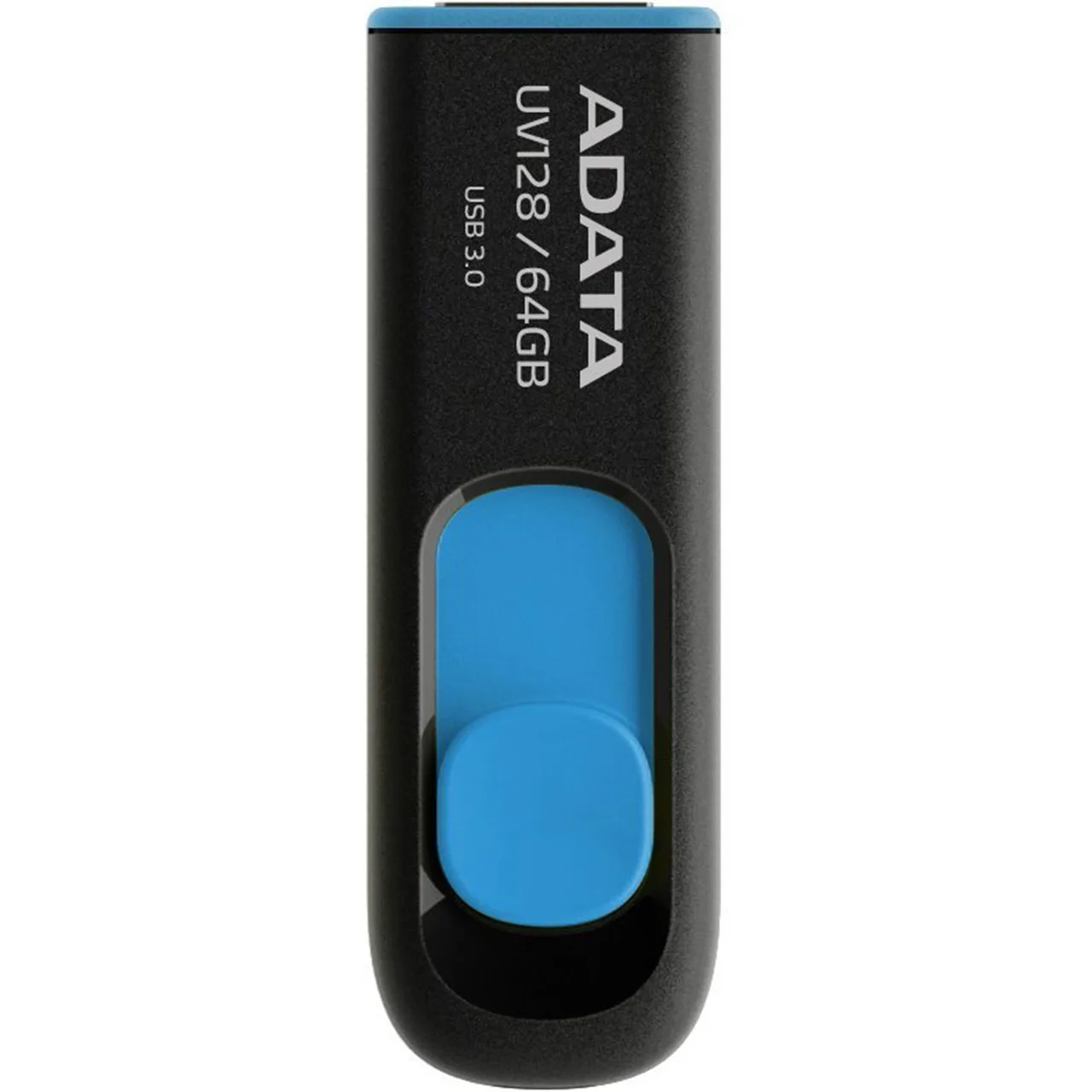 فلش مموری کشویی ای‌دیتا مدل DashDrive UV128 ظرفیت 64GB، رابط USB 3.0 با سرعت خواندن 90 و نوشتن 40MB/s، طراحی ضد خش و ضد گرد و خاک، قابلیت اتصال بند حمل