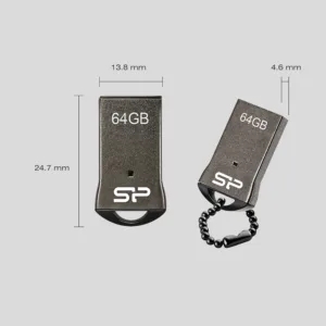 فلش مموری سیلیکون پاور مدل Touch T01 ظرفیت 64 گیگابایت حافظه مقاوم ضد آب، ضد شوک و گردوغبار با طراحی فشرده و فناوری COB، ابعاد کوچک و زنجیر محافظ، سازگار با USB 2.0 و انواع سیستمعاملها