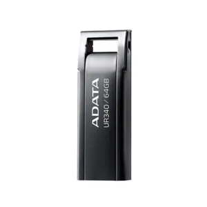 فلش مموری ای دیتا مدل UR340 ظرفیت 64 گیگابایت با بدنه فلزی، رابط USB 3.2 Gen1 Type-A، سرعت انتقال 100 مگابایت بر ثانیه و پشتیبانی از سیستمعاملهای ویندوز، مک و لینوکس