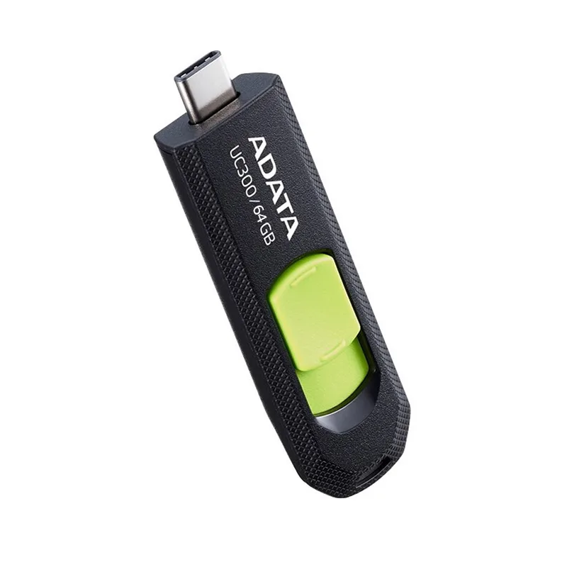 فلش مموری کشویی ای دیتا مدل UC300 ظرفیت 64 گیگابایت با رابط USB Type-C و استاندارد USB 3.2 Gen 1، سرعت انتقال داده تا 5 گیگابایت بر ثانیه، سازگار با لپ‌تاپ، گوشی، تبلت و تلویزیون، بدون نیاز به نصب درایور