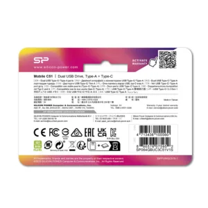 فلش مموری OTG سیلیکون پاور مدل C51 ظرفیت 64 گیگابایت با رابط USB 3.2 Type-A و Type-C، مقاوم در برابر شوک و لرزش، سازگار با اندروید، iOS، ویندوز، مک و لینوکس