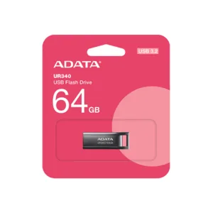 فلش مموری ای دیتا مدل UR340 ظرفیت 64 گیگابایت با بدنه فلزی، رابط USB 3.2 Gen1 Type-A، سرعت انتقال 100 مگابایت بر ثانیه و پشتیبانی از سیستمعاملهای ویندوز، مک و لینوکس