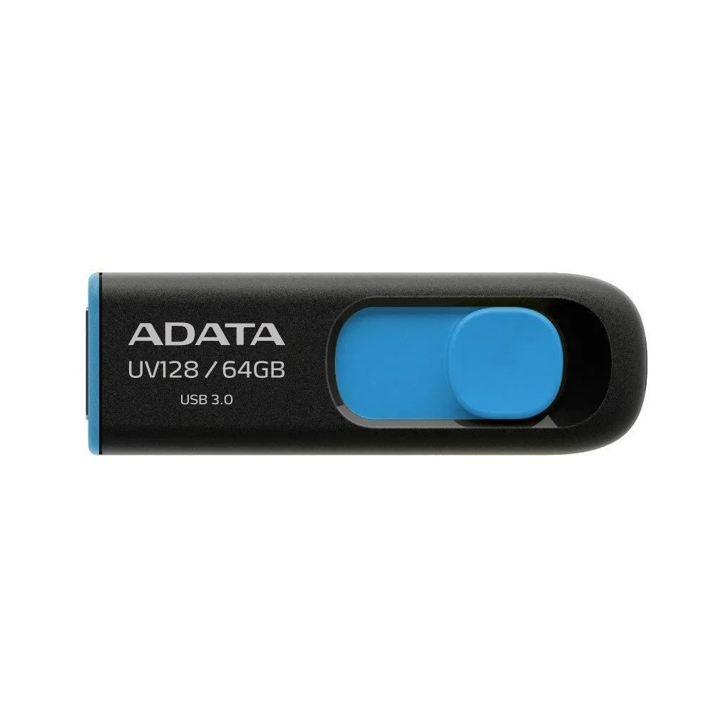 فلش مموری کشویی ای‌دیتا مدل DashDrive UV128 ظرفیت 64GB، رابط USB 3.0 با سرعت خواندن 90 و نوشتن 40MB/s، طراحی ضد خش و ضد گرد و خاک، قابلیت اتصال بند حمل