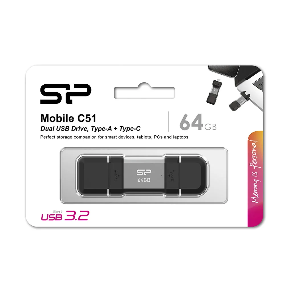 فلش مموری OTG سیلیکون پاور مدل C51 ظرفیت 64 گیگابایت با رابط USB 3.2 Type-A و Type-C، مقاوم در برابر شوک و لرزش، سازگار با اندروید، iOS، ویندوز، مک و لینوکس